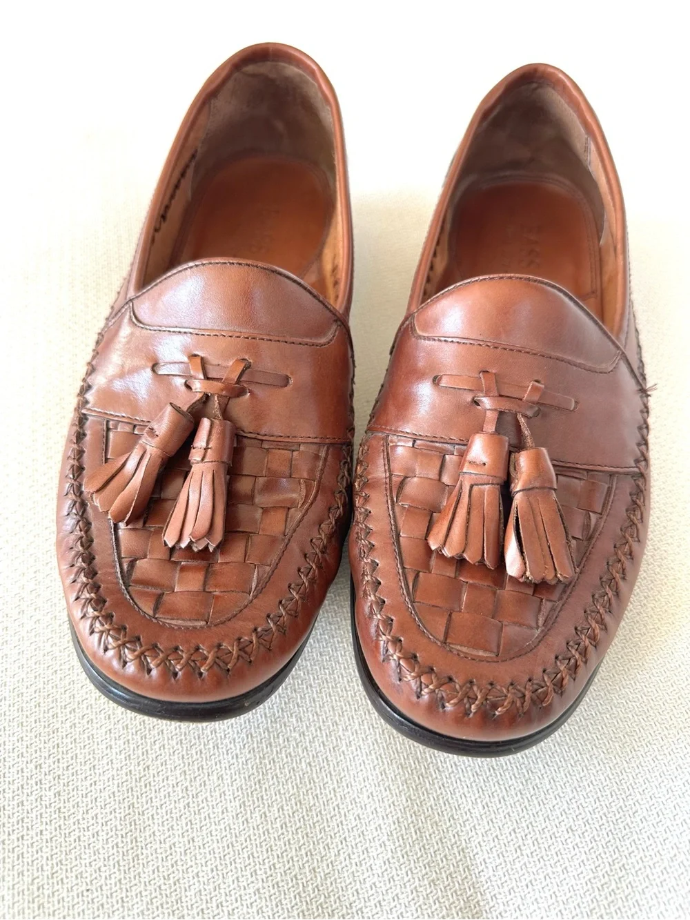 GH Bass Weejuns Mens Size 8 Loafers Brown Leather Woven Tassel Bellagio Moc Toe